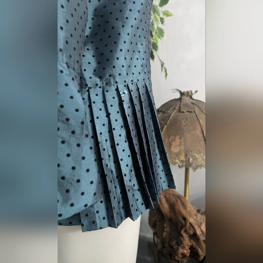 Dressbarn Collection Teal Black Polkadot Pleated Bell Sleeves Womens Blouse Top - Picture 5 of 9